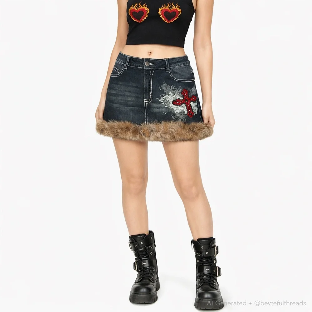 Y2K Goth Denim Mini Skirt Faux Fur Hem Cross Embroidery XL Alt Grunge - Picture 10 of 10